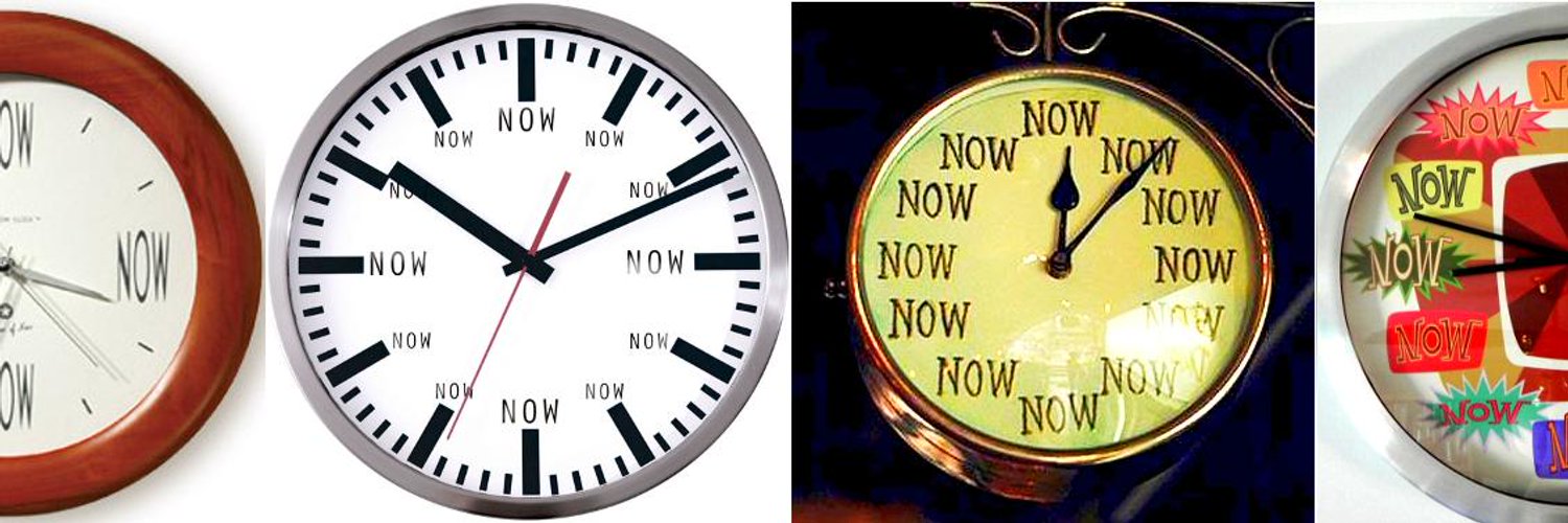 A picture of a number of clock faces, all of which repeatedly depict the word "now"